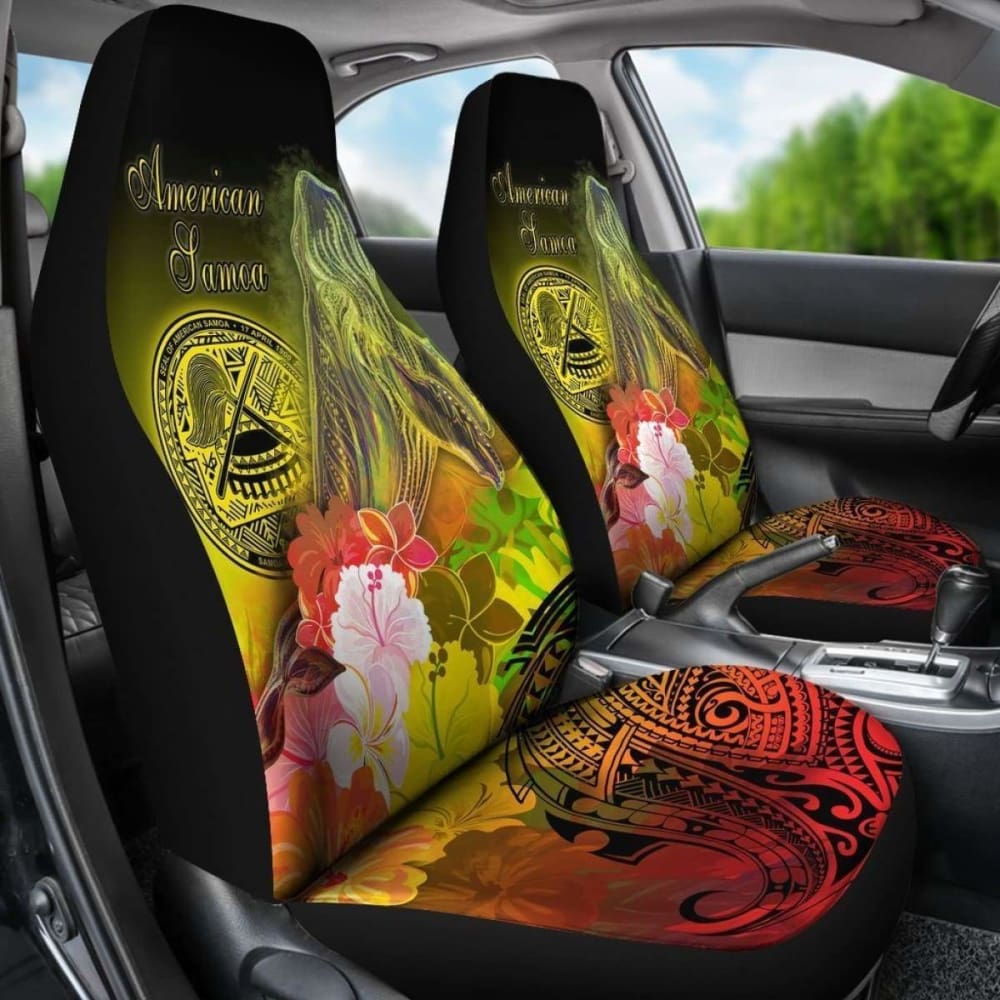 American Samoa Polynesian Car Seat Covers - Humpback Whale With Tropical Flowers -