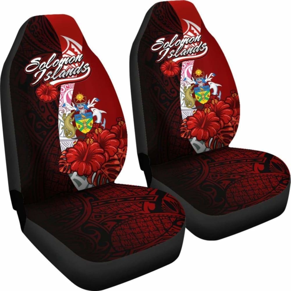 Solomon Islands Polynesian Car Seat Covers - Coat Of Arm With Hibiscus -