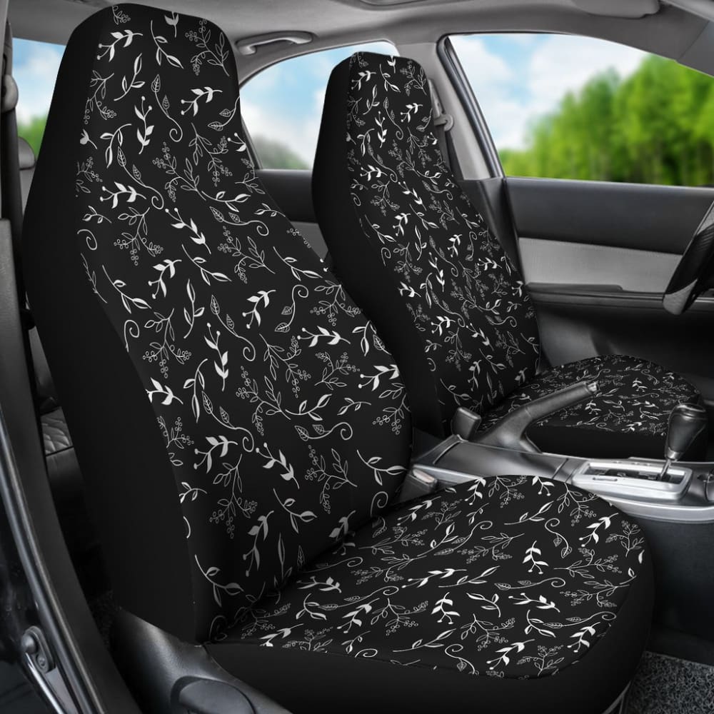Black With White Leaves Pattern Car Seat Covers