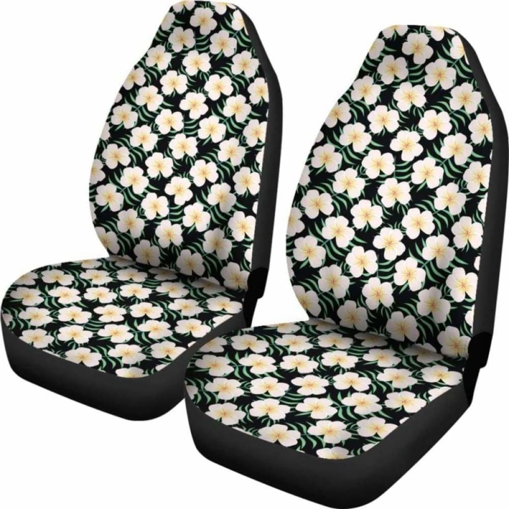 Black With Plumeria Frangipani Flower Pattern Hawaiian Island Floral Car Seat Covers