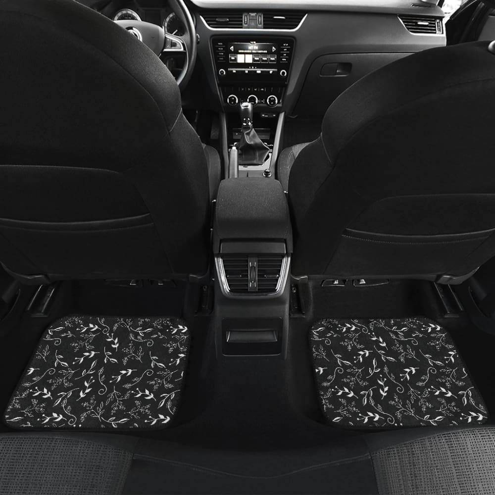 Black With White Leaves Pattern Car Floor Mats