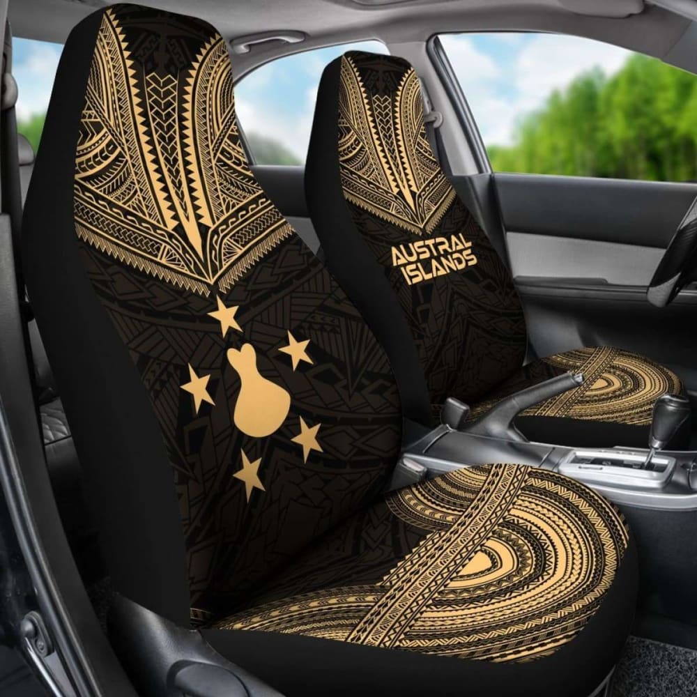 Austral Islands Car Seat Cover - Austral Islands Flag Polynesian Chief Tattoo Gold Version -