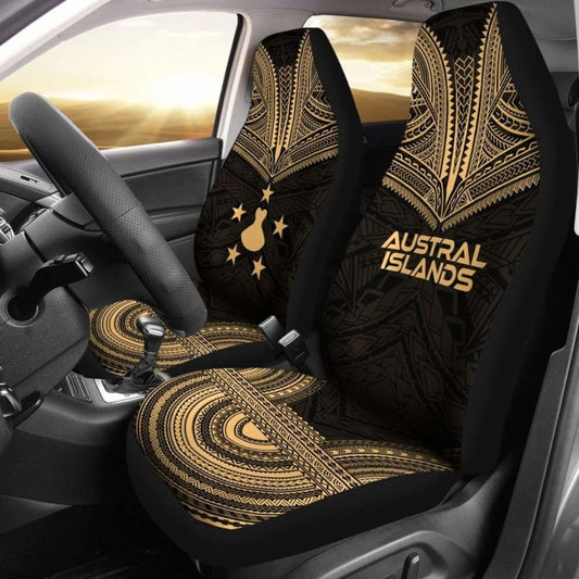 Austral Islands Car Seat Cover - Austral Islands Flag Polynesian Chief Tattoo Gold Version -