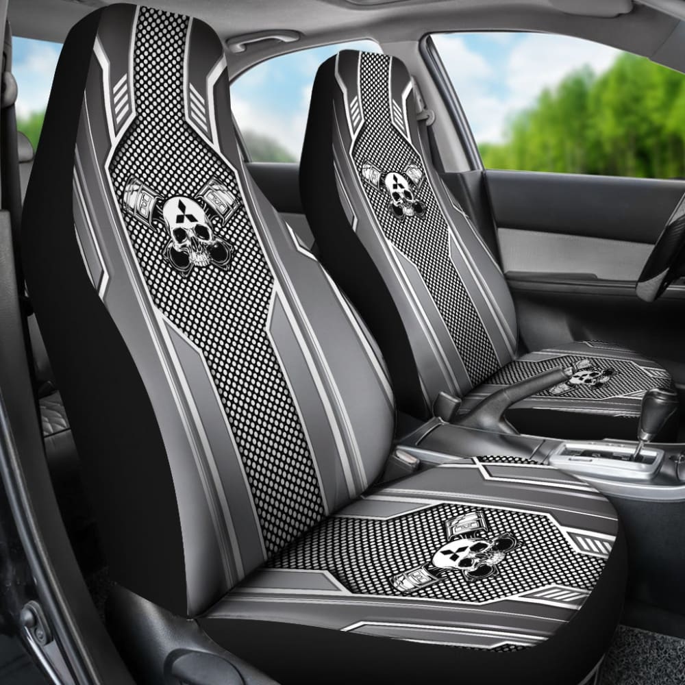 Black White Mechanic Skull Mitsubishi Car Seat Covers