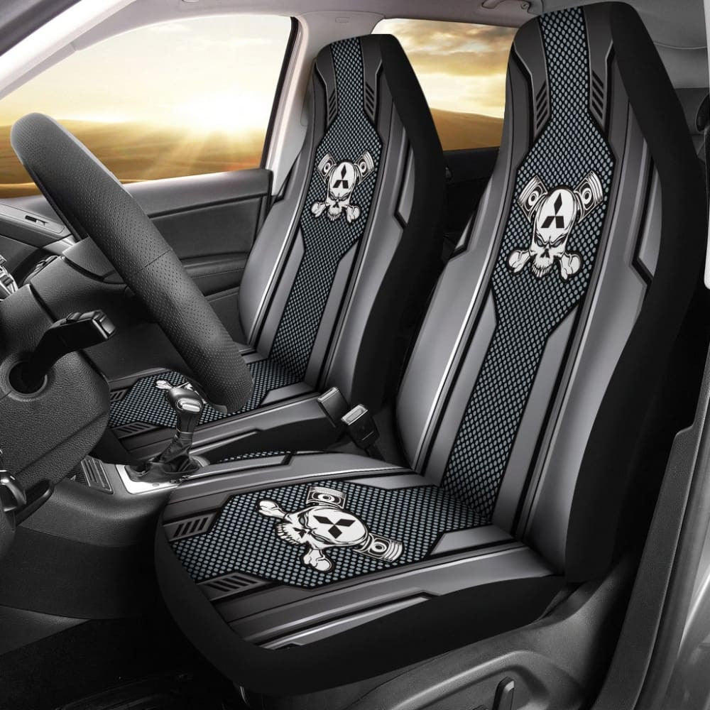 Black Grey Mechanic Skull Mitsubishi Car Seat Covers