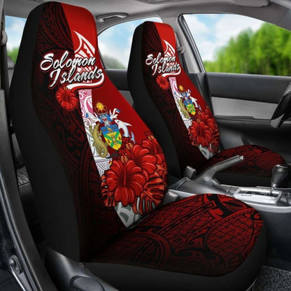 Solomon Islands Polynesian Car Seat Covers - Coat Of Arm With Hibiscus -