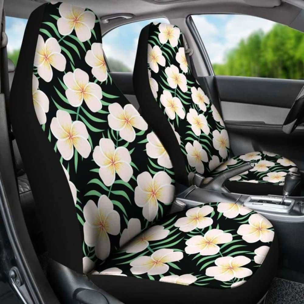 Black With Large Plumeria Frangipani Flower Pattern Hawaiian Island Floral Car Seat Covers