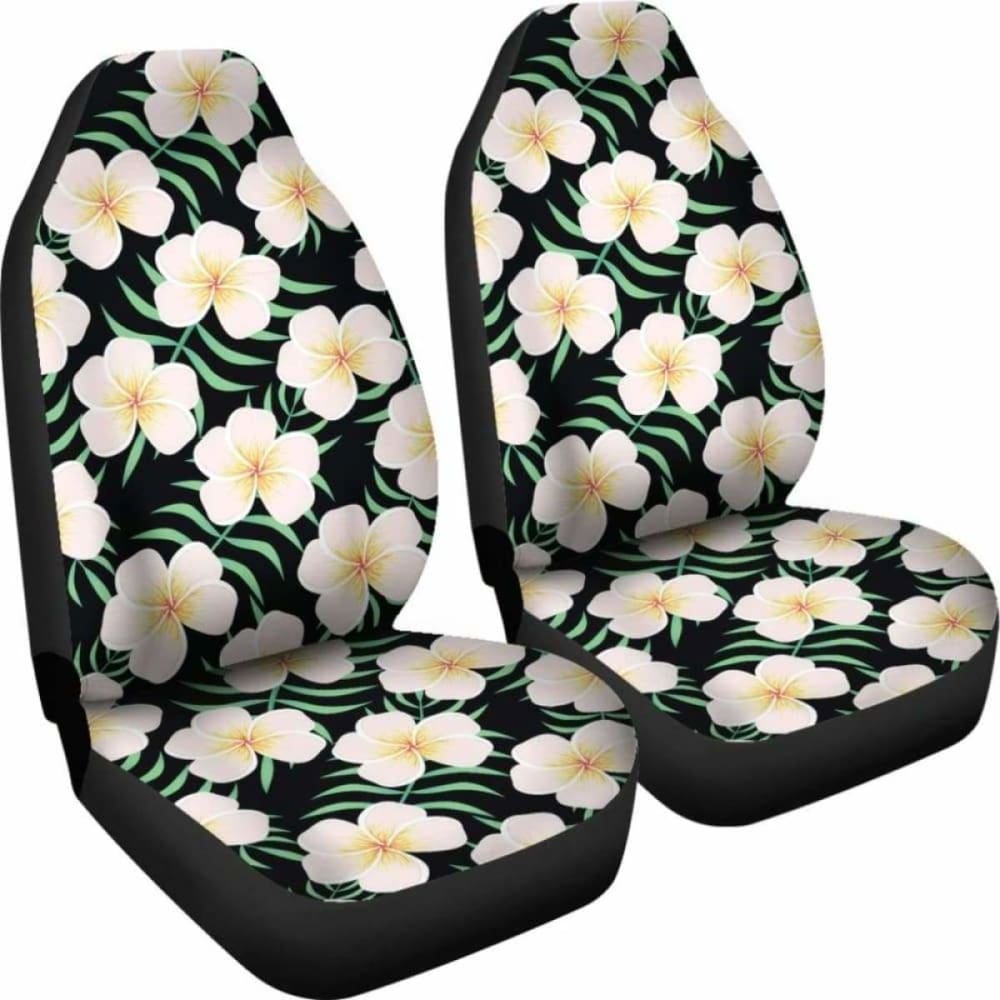 Black With Large Plumeria Frangipani Flower Pattern Hawaiian Island Floral Car Seat Covers