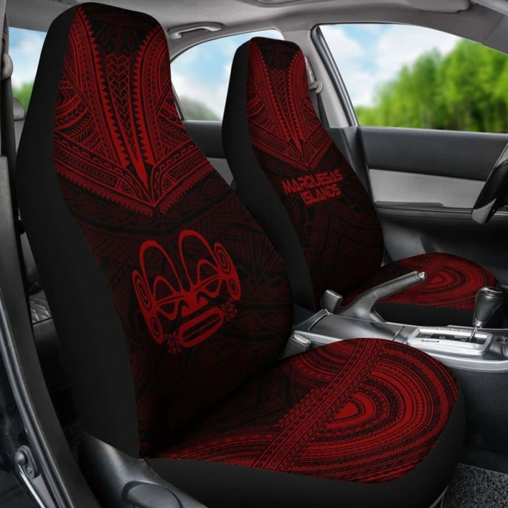 Marquesas Islands Car Seat Cover - Marquesas Islands Tiki Face Polynesian Chief Tattoo Deep Red Version -