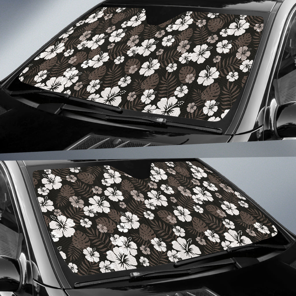 Black With Hibiscus Pattern In Gray And White Car Auto Sun Shades
