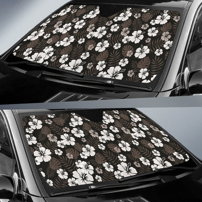 Black With Hibiscus Pattern In Gray And White Car Auto Sun Shades