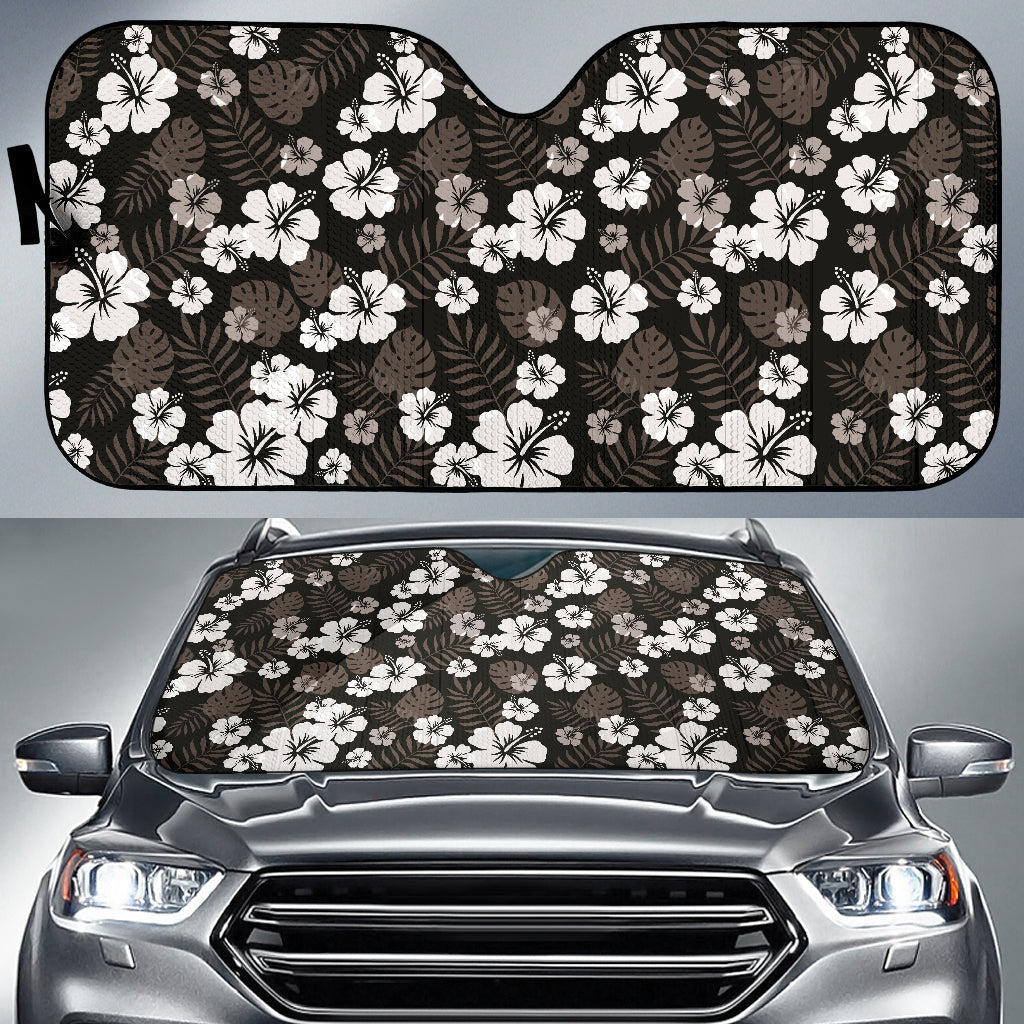 Black With Hibiscus Pattern In Gray And White Car Auto Sun Shades