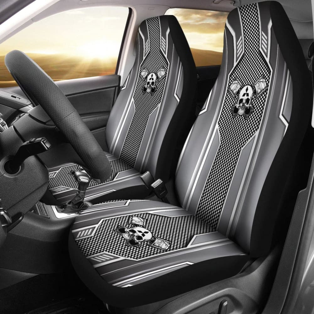 Black White Mechanic Skull Mitsubishi Car Seat Covers