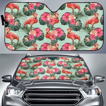 Beautiful Flamingo Tropical Palm Leaves Hibiscus Pateern Background Car Auto Sun Shades