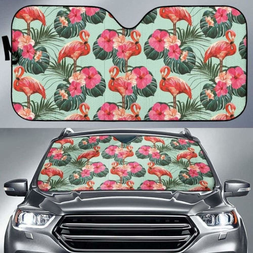 Beautiful Flamingo Tropical Palm Leaves Hibiscus Pateern Background Car Auto Sun Shades