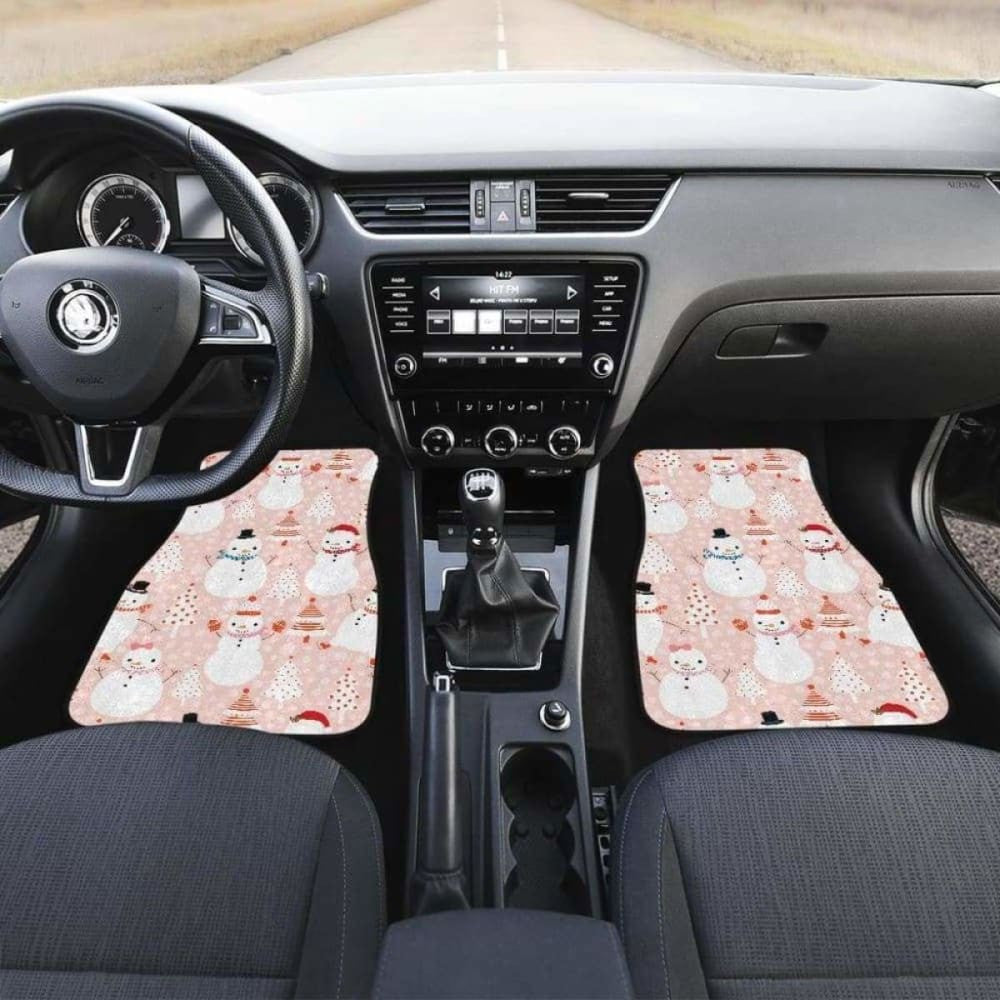 Cute Snowman Christmas Tree Snowpink Background Front And Back Car Mats